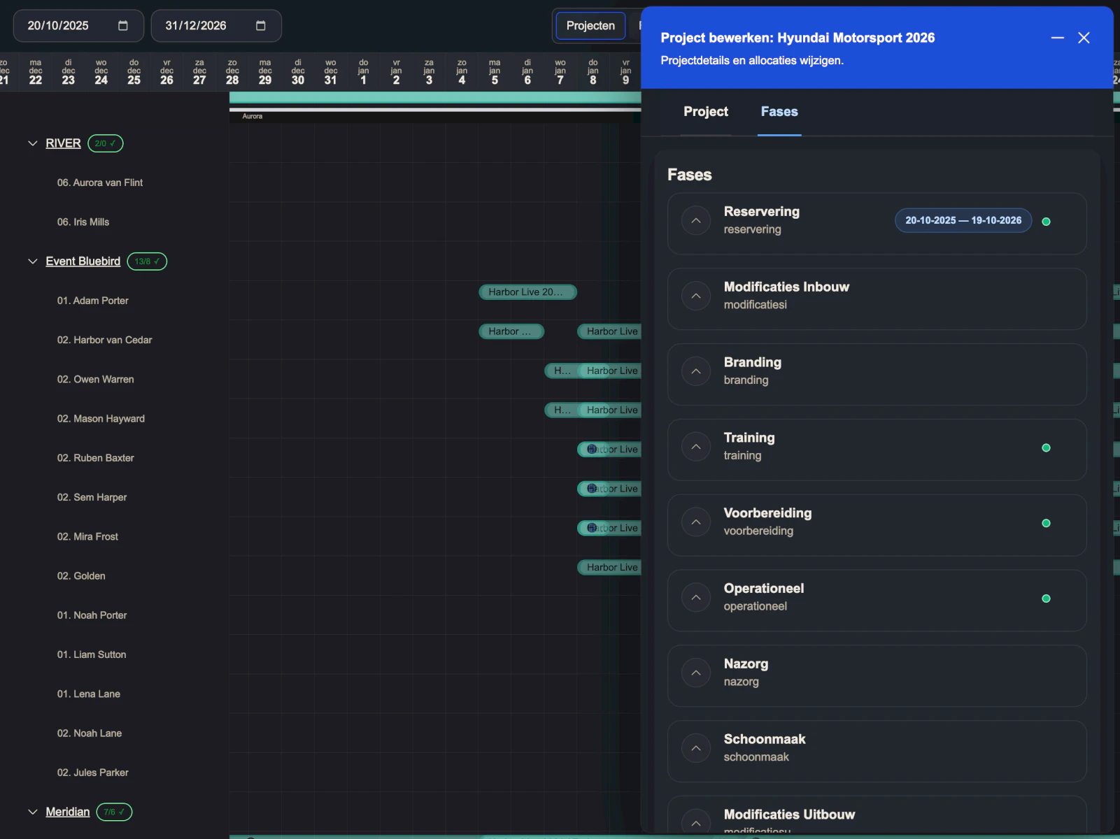 A resource planning interface showing grouped assignments and scheduling detail.