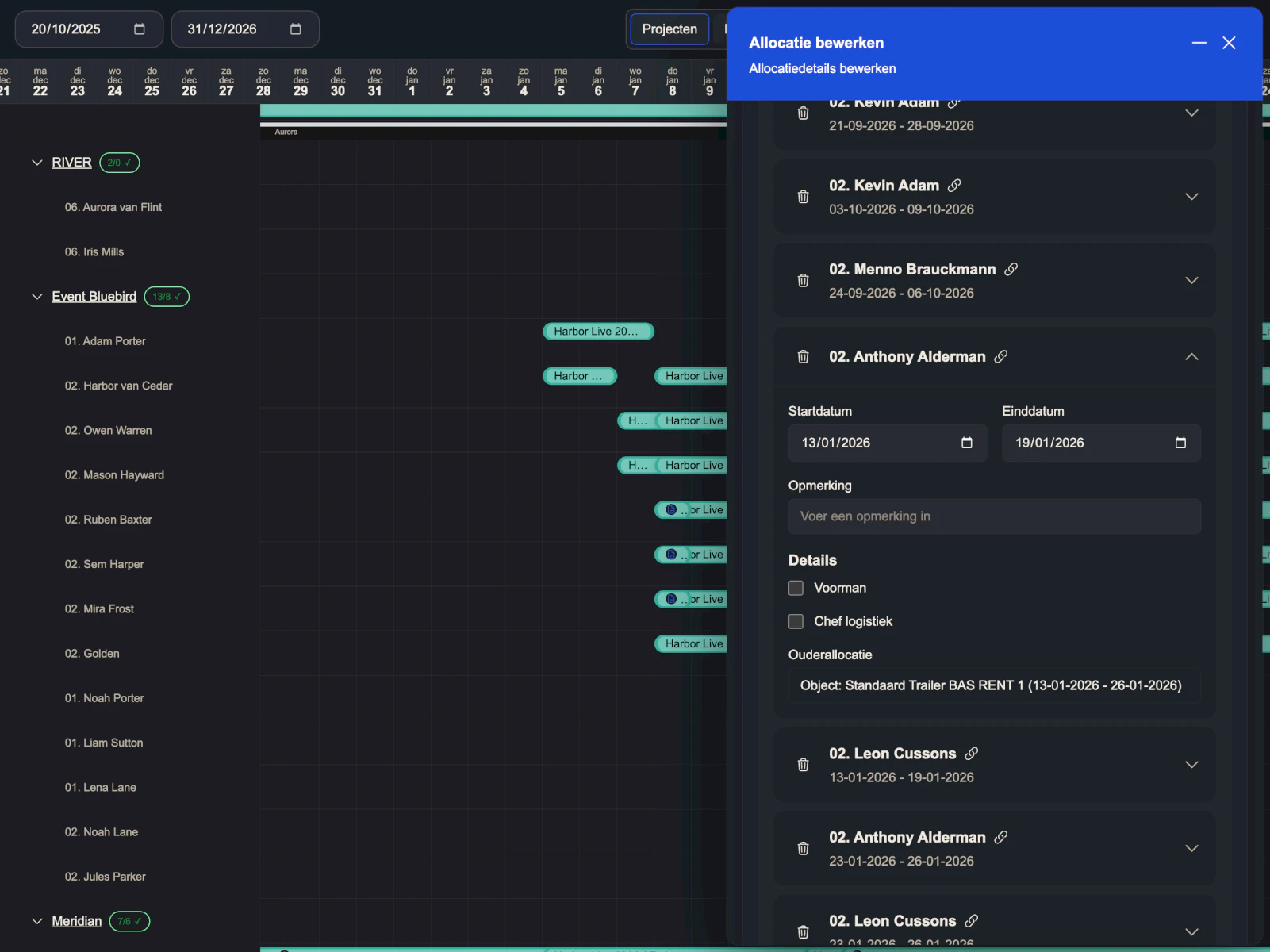 A darker EasyLog planning view focused on a narrower set of assignments.