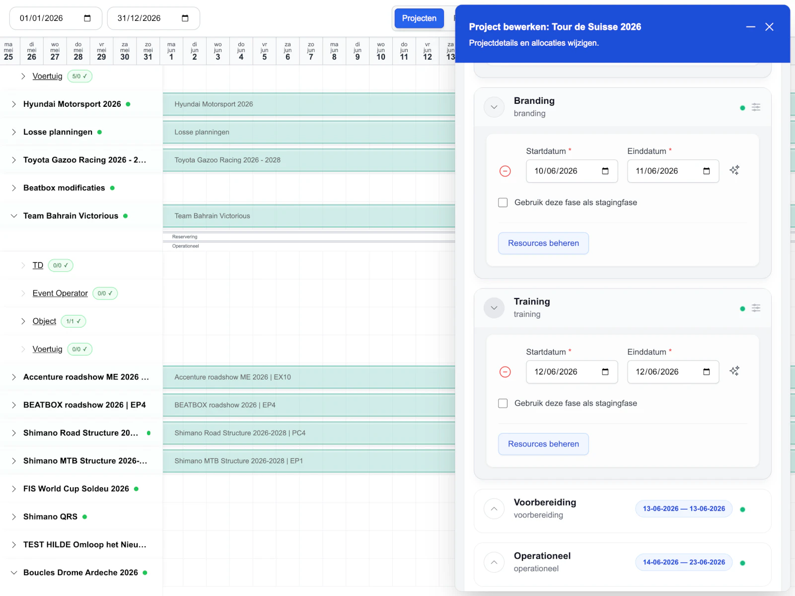 The EasyLog planner showing a wide scheduling view across multiple resources.