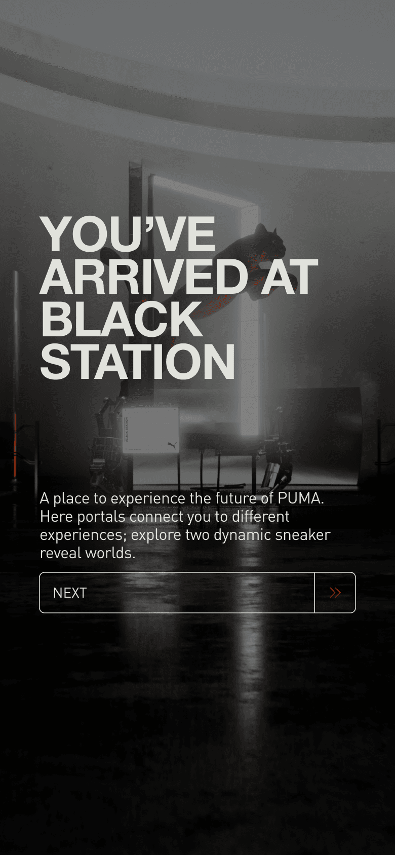 A Puma Blackstation prelaunch screen with bold product framing and layered content modules.